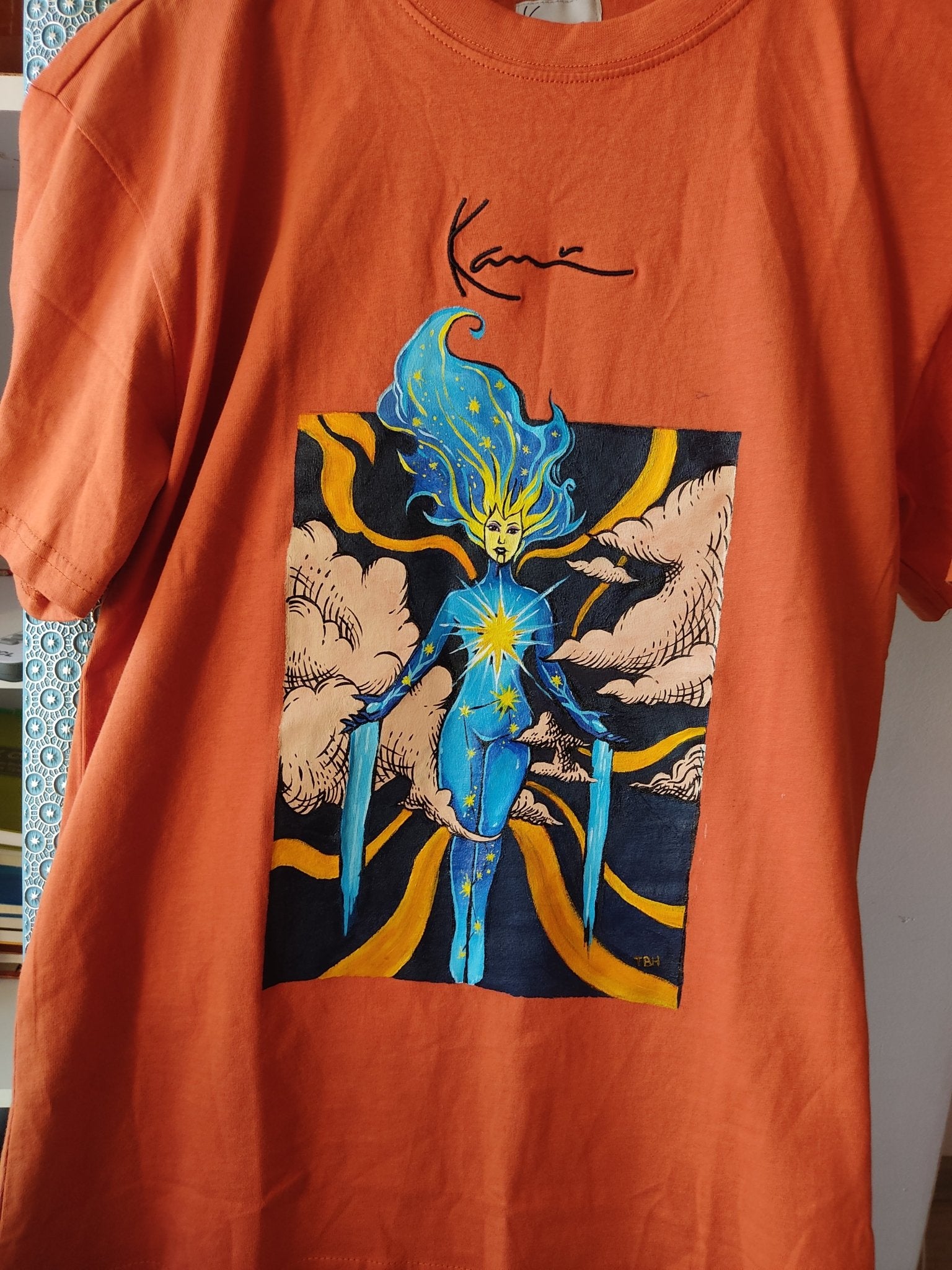 Celestial Radiance: Cosmic Energy ON Karl Kani T-Shirt (Hand - Painted) - 3til9 Clothing