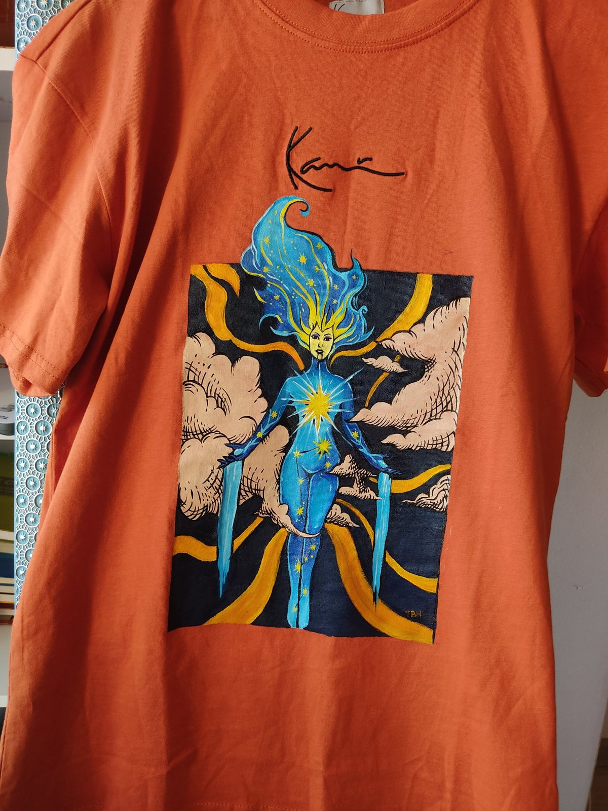 Celestial Radiance: Cosmic Energy ON Karl Kani T-Shirt (Hand - Painted) - 3til9 Clothing