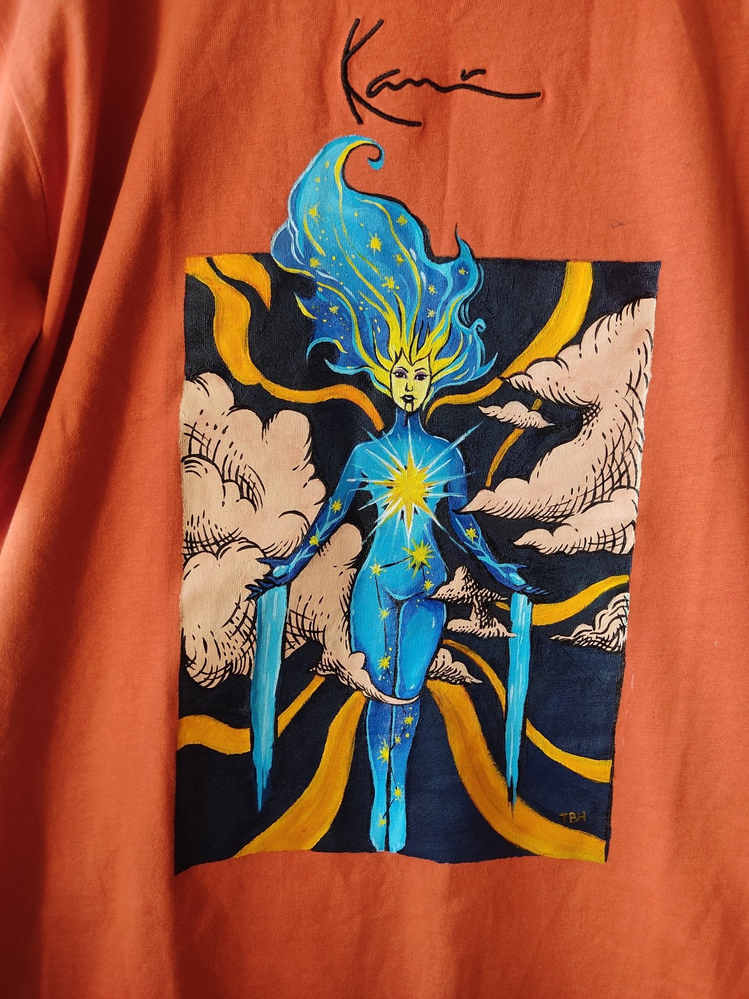 Celestial Radiance: Cosmic Energy ON Karl Kani T-Shirt (Hand - Painted) - 3til9 Clothing