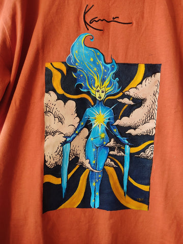 Celestial Radiance: Cosmic Energy ON Karl Kani T-Shirt (Hand - Painted) - 3til9 Clothing