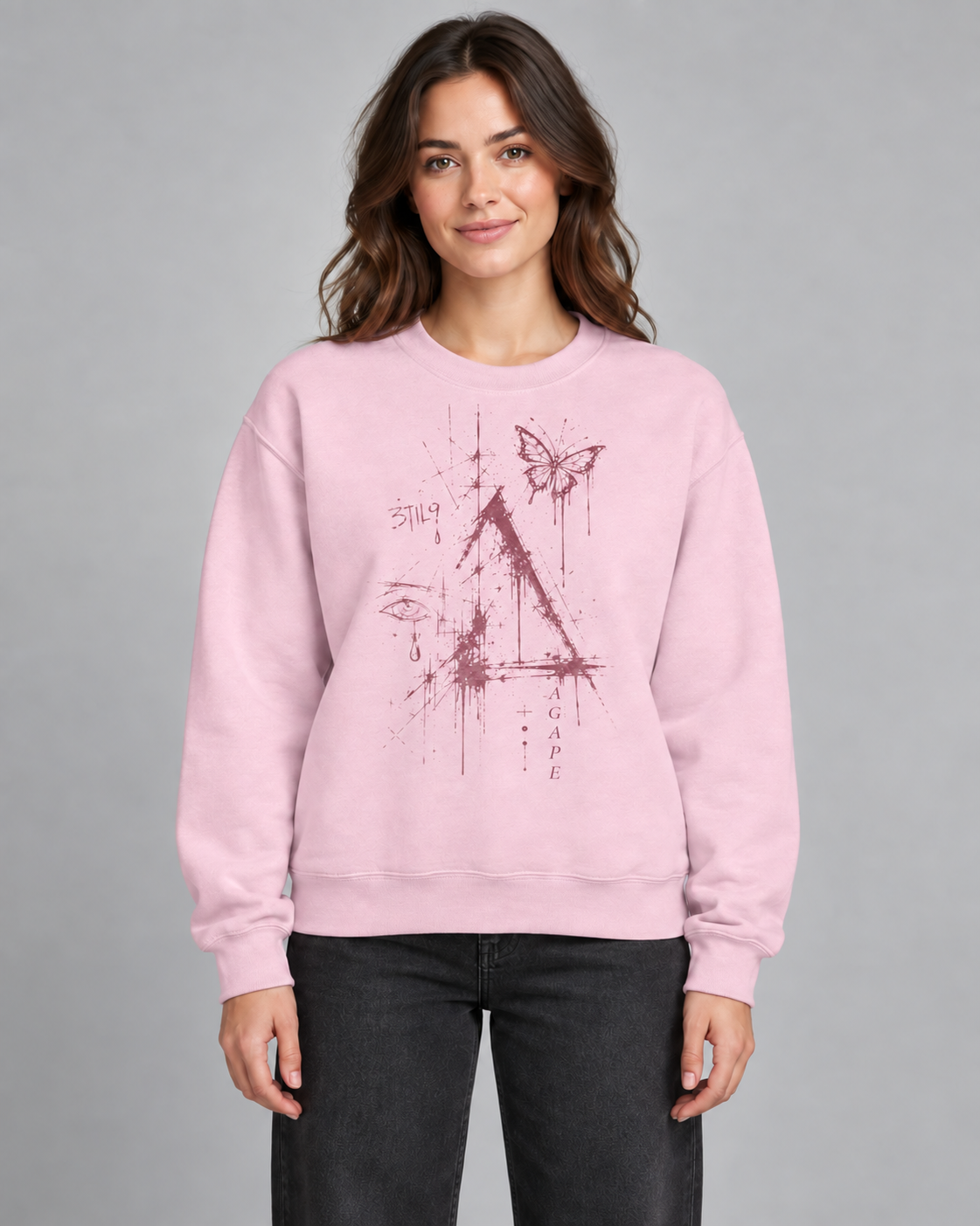 Ascension IV - Rosefall, Light Pink: model preview with vertical italic-serif AGAPE lettering.