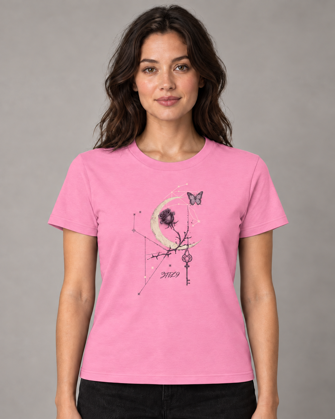 Rosa Luna on the rose-pink organic cotton women’s tee, digital wearing preview
