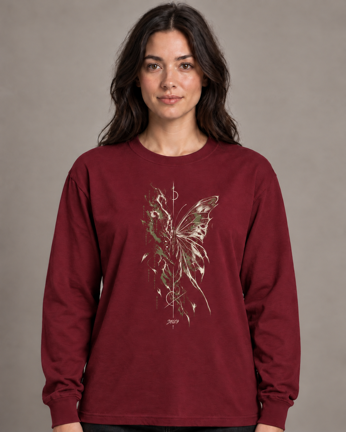 Veil Signal - original woman in Maroon with the complete enlarged front print; digital illustration.