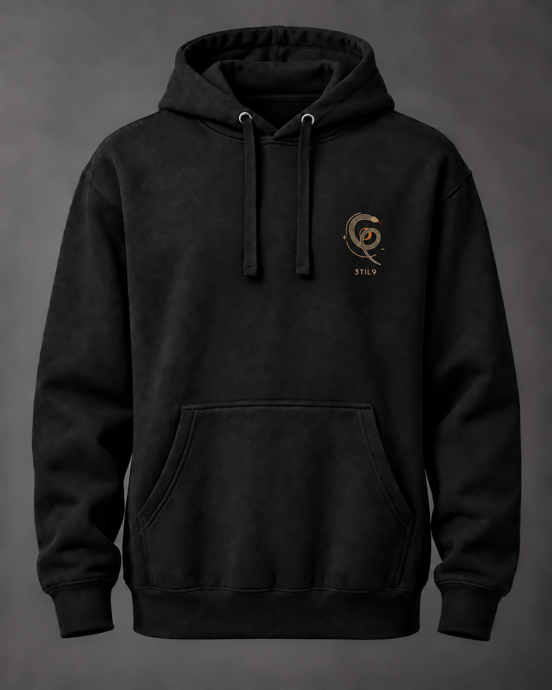 Serpent Orbit Hoodie - Black, front view with the selected coil, crescent and separate 3TIL9 embroidery; digital illustration.
