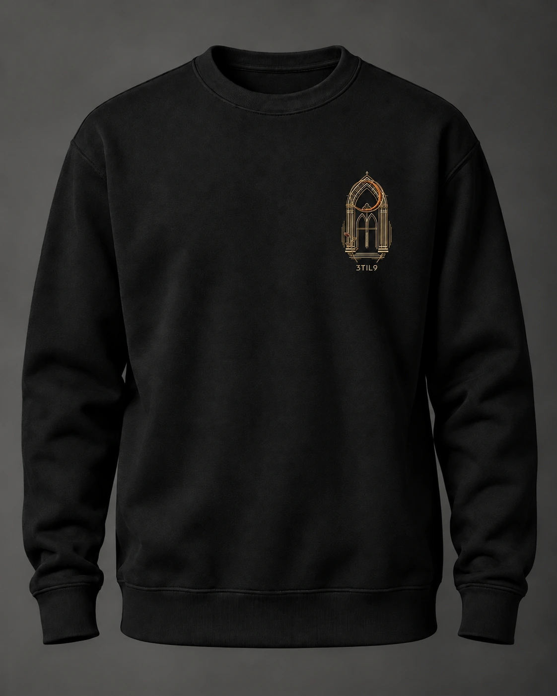 Eclipse Gate — crewneck front with the selected embroidery motif; digital visualization.