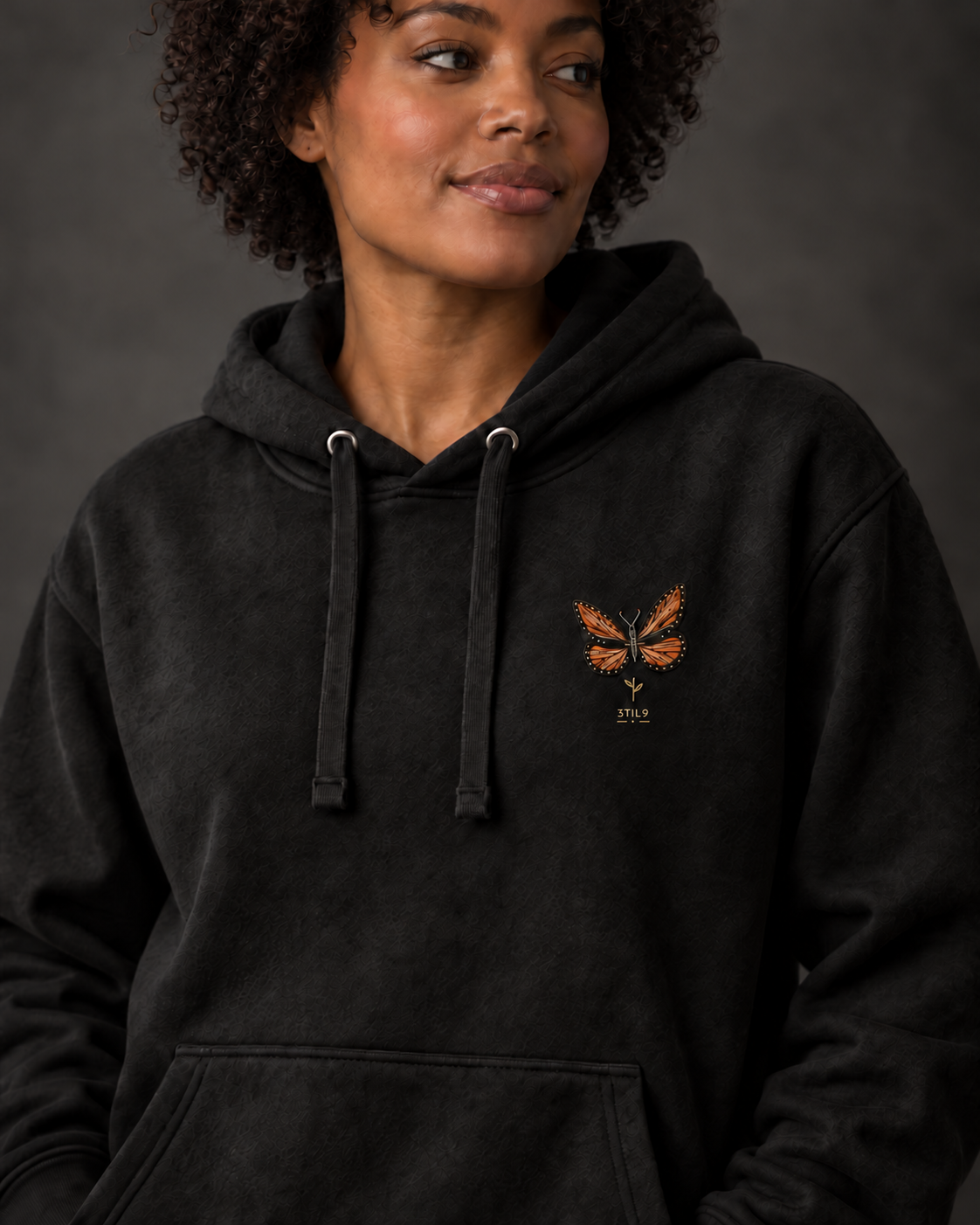 Monarch Ember - close digital wearing view of the original embroidery