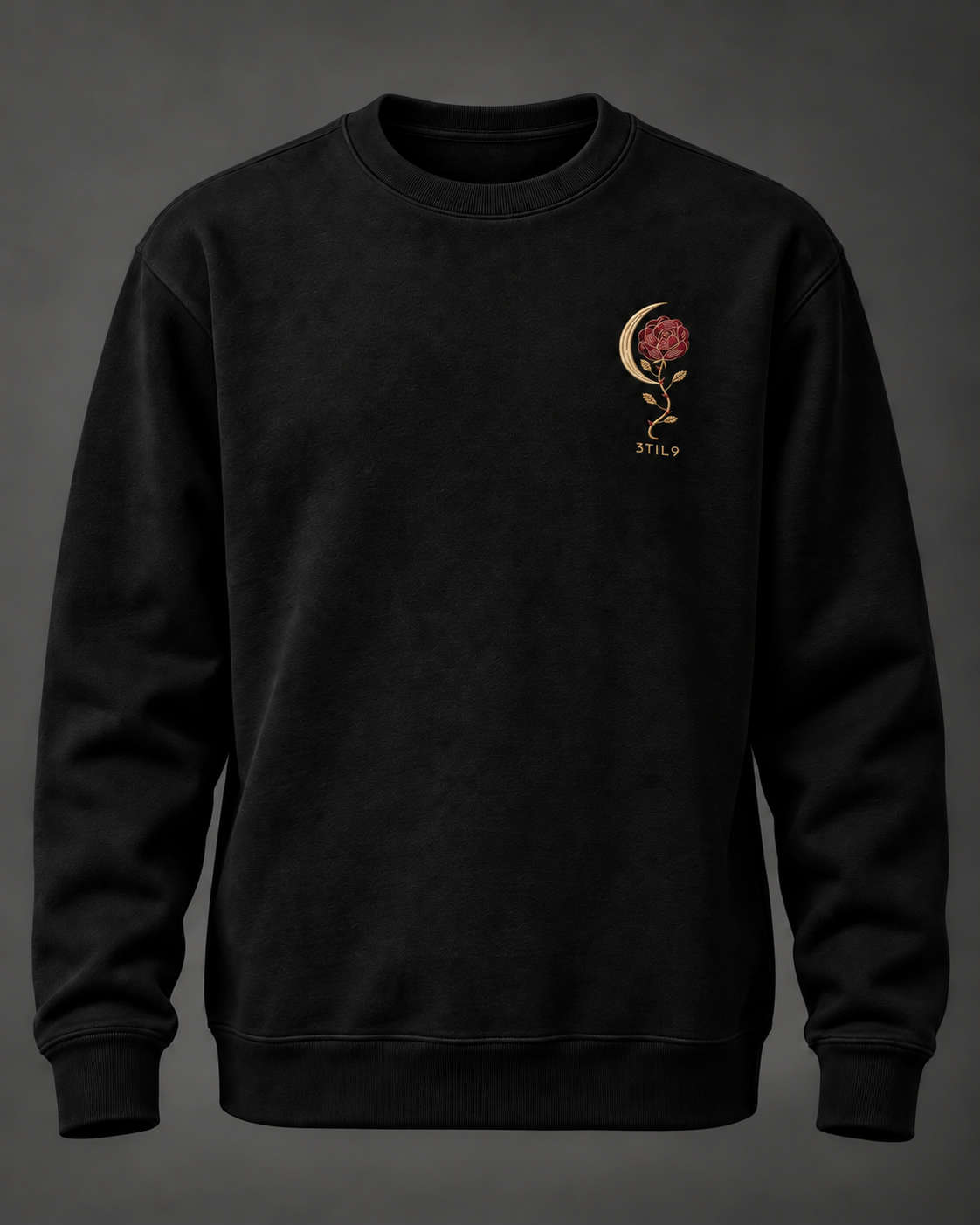 Rosa Nocturna - black crewneck with small embroidery and 3TIL9 logo; AI concept mockup, not a manufactured sample