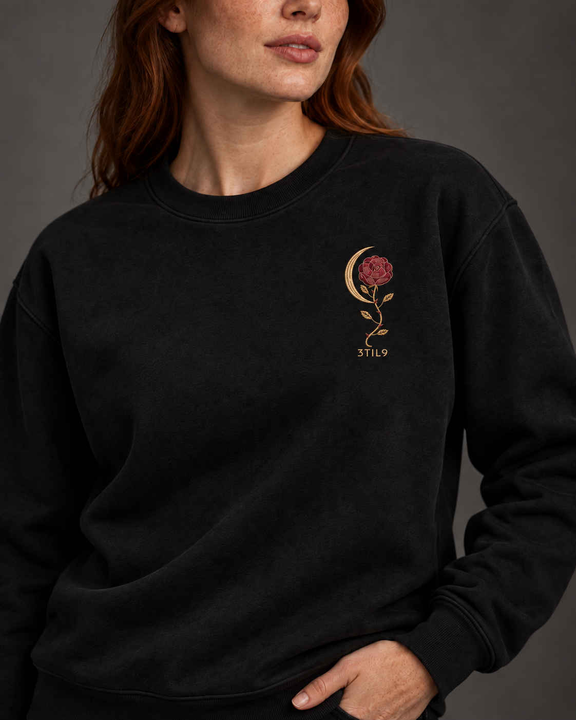 Rosa Nocturna - close digital wearing view of the original embroidery