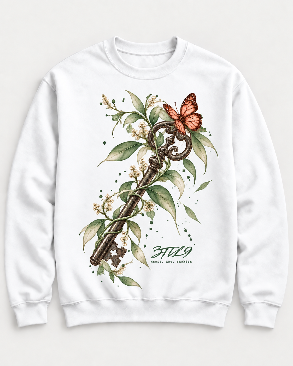 Flourishing Key - white sweatshirt with the complete butterfly, smoother leaves and cursive signature, digital preview