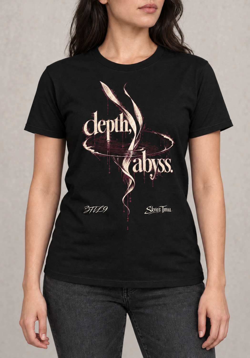 Depth & Abyss - illustrated size S fit on a model; digital product illustration.