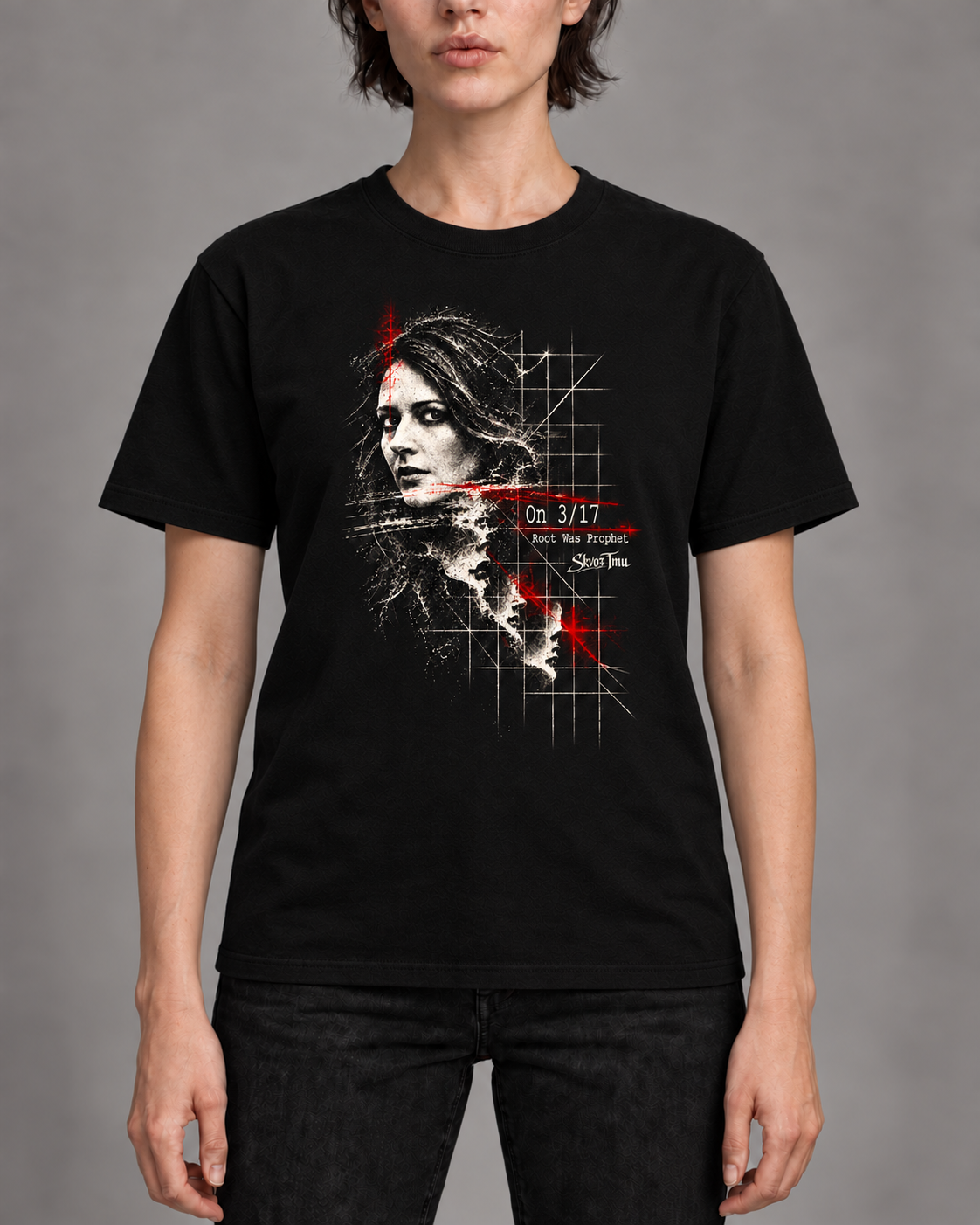 Root Was Prophet - Black cotton T-shirt, original model wearing preview with the unchanged portrait, sharp lettering and canonical SkvozTmu logo; digital illustration.