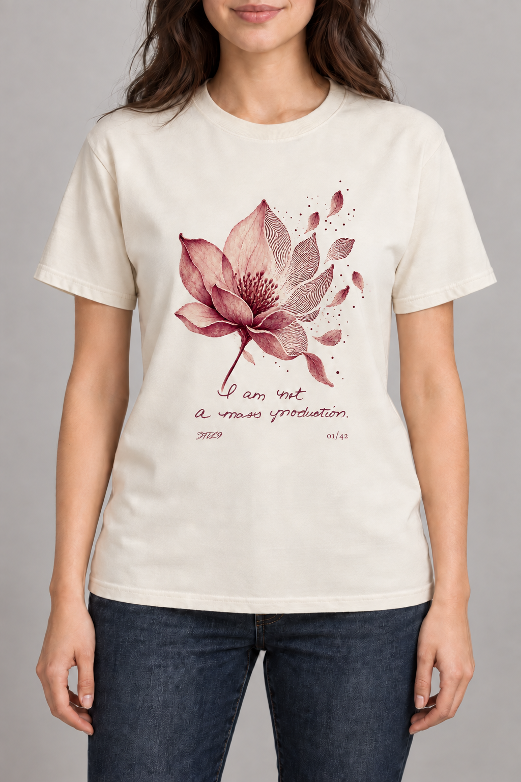 Lily Not Mass Produced — the original model wearing the Natural tee with Lily’s handwriting and example number 01/42; digital illustration.