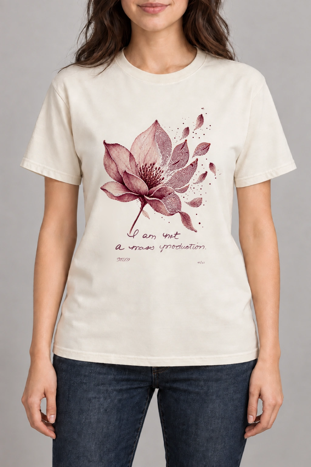 Lily Not Mass Produced — the original model wearing the Natural tee with Lily’s handwriting and example number 01/42; digital illustration.