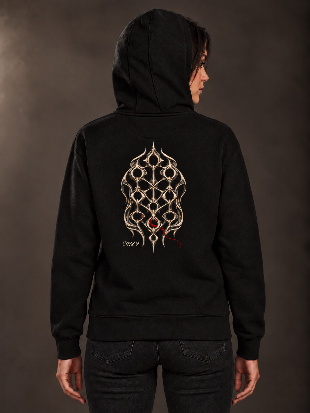 Ninth Gate in Black, worn back view with shaded ivory tracery and fine red strand; digital illustration.