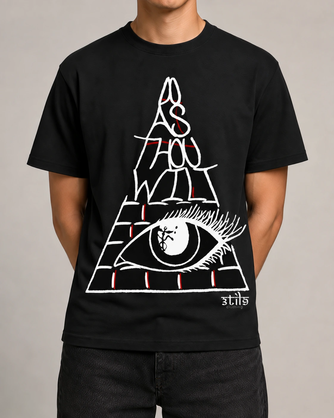 Pyrawill tee concept with white linework and no red shaded fill