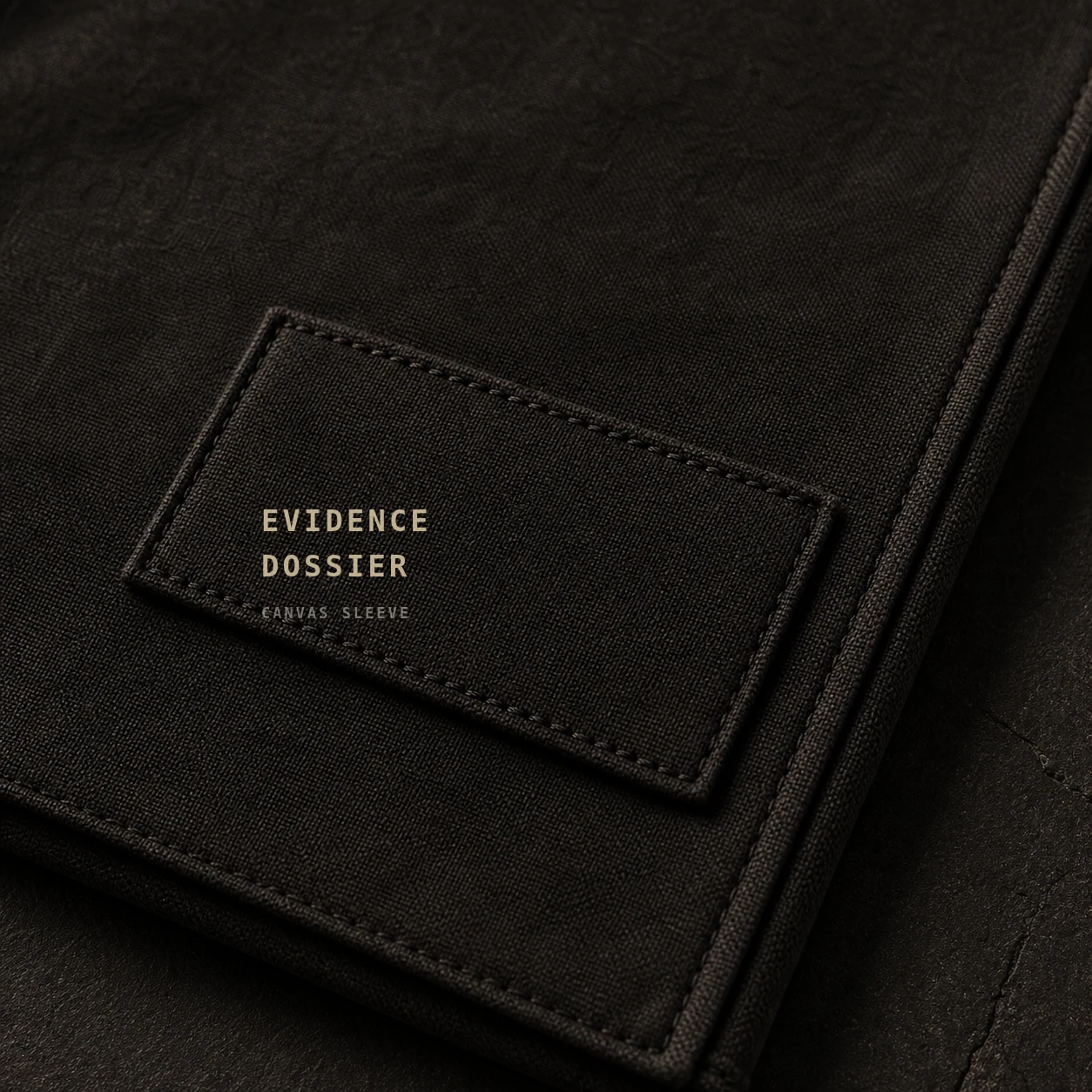 Close view of the Evidence Dossier Sleeve stitched label panel on dark canvas.
