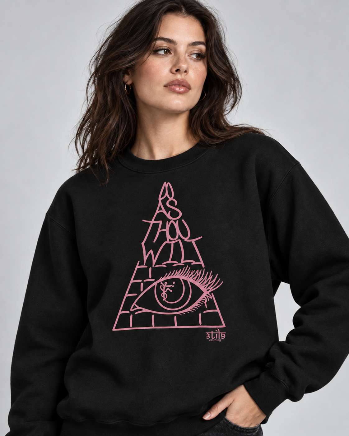 Pyrawill Lady Sweatshirt, wearing view showing the revised print.