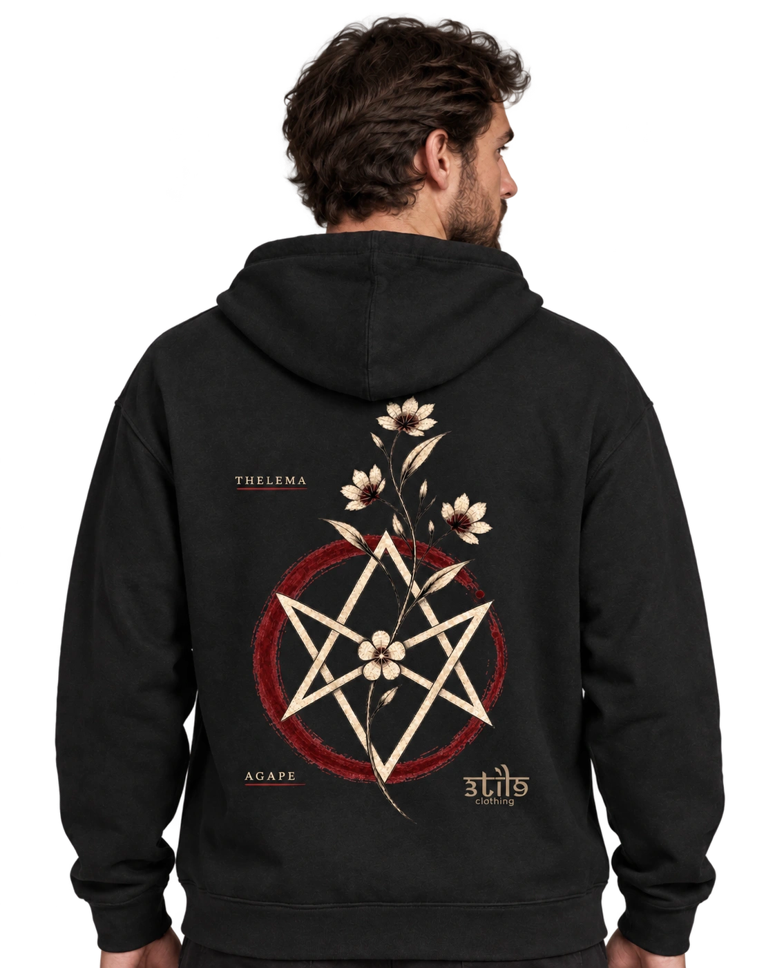 Thelema Bloom enlarged back print and Classic logo, digital wearing preview