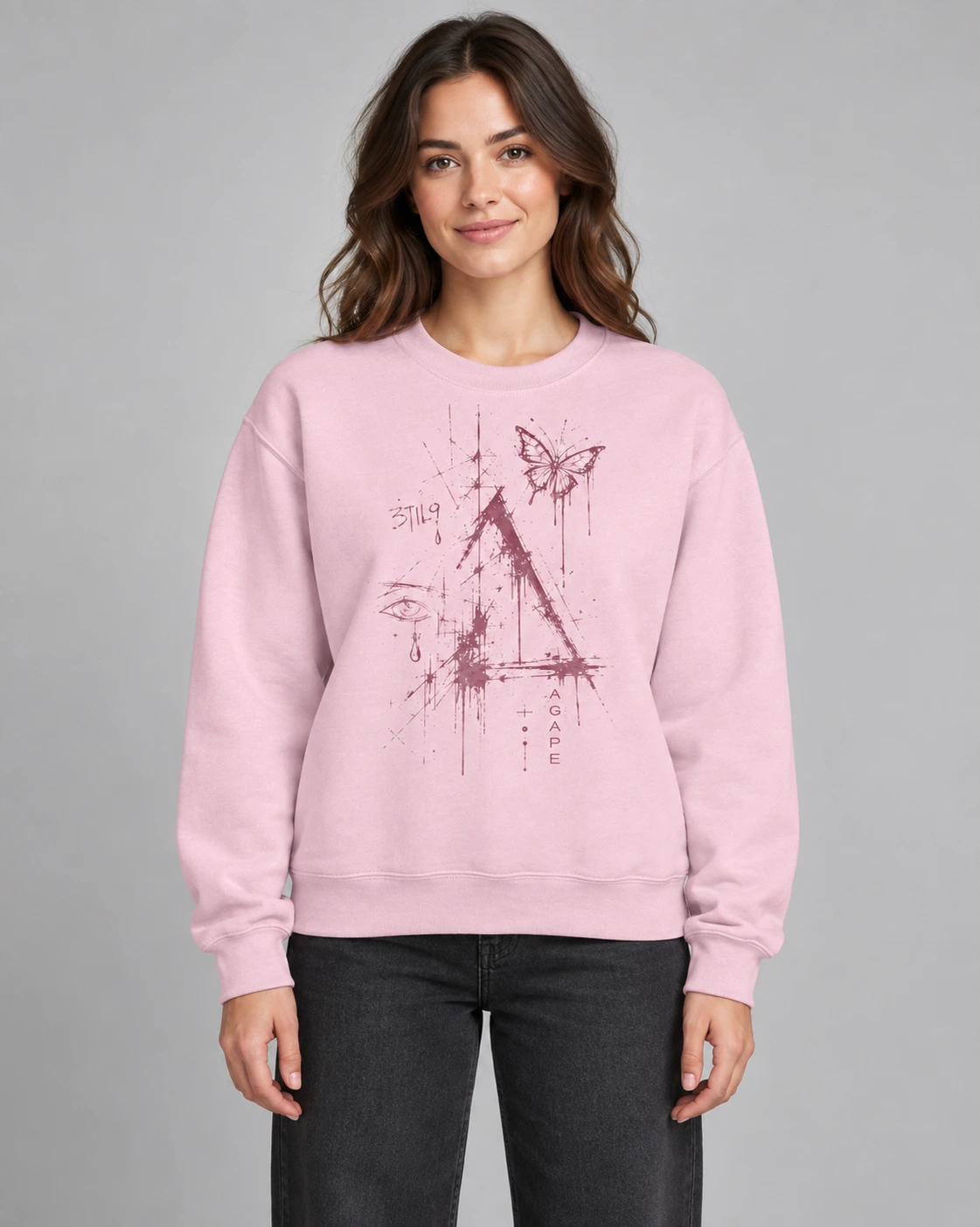 Ascension IV — Rosefall on a model, enlarged front print with vertical AGAPE lettering