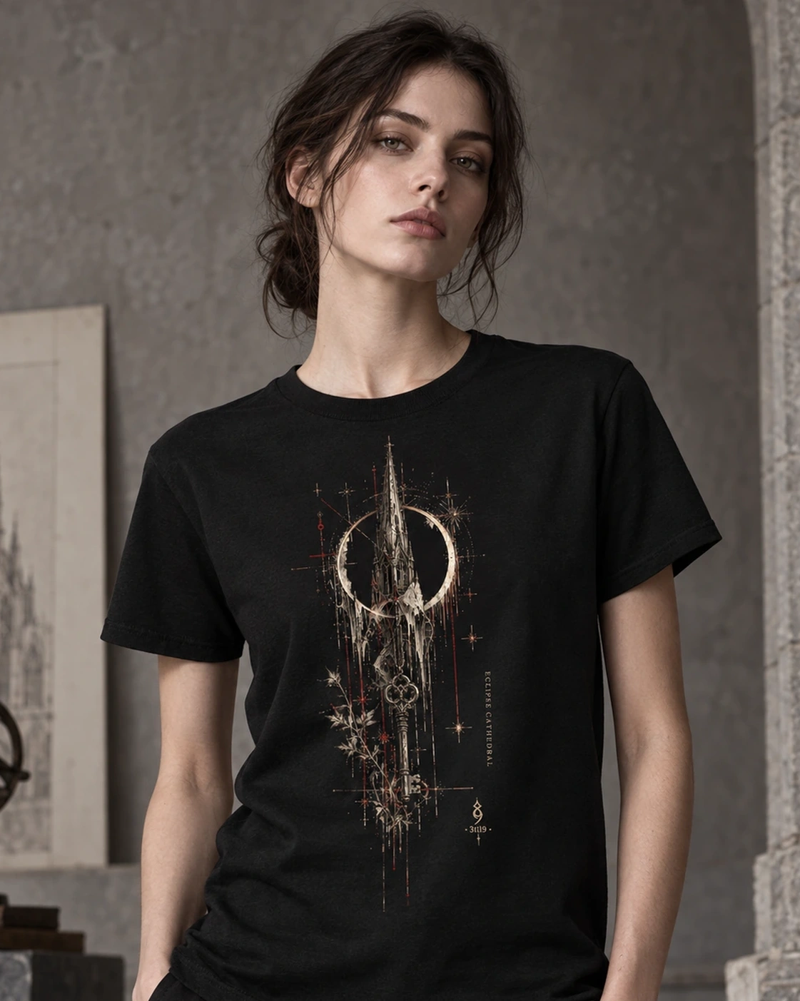 Eclipse Cathedral Tee - Black, digital wearing preview