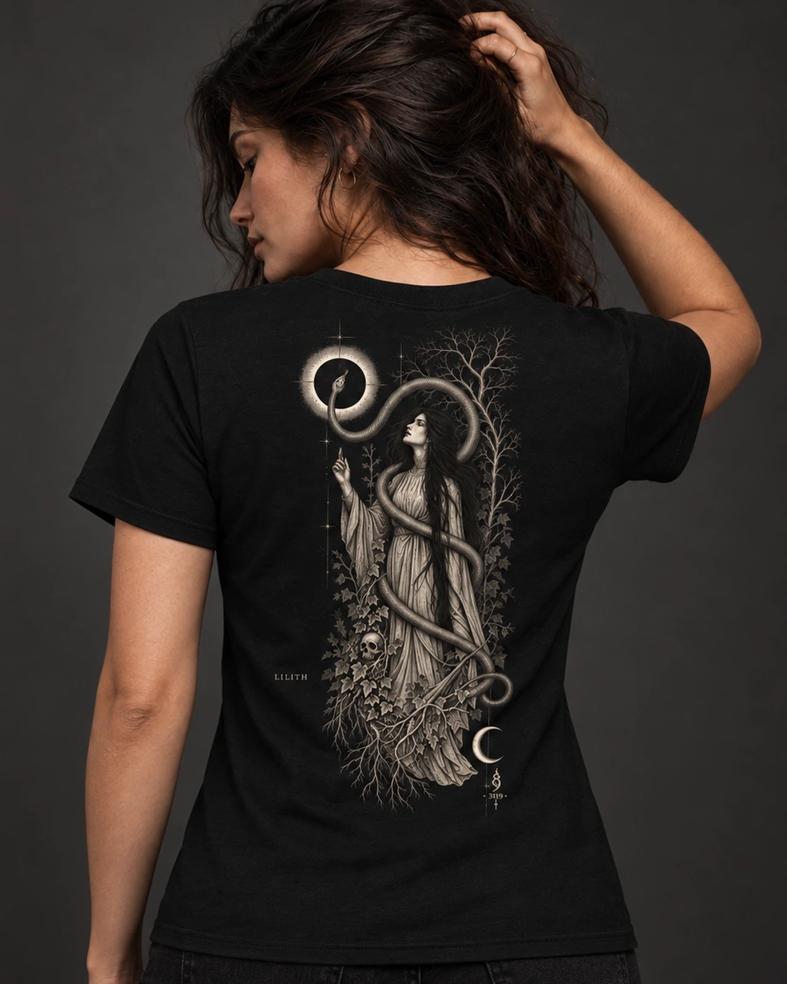 Lilith Crescent Tee - Black, digital wearing preview