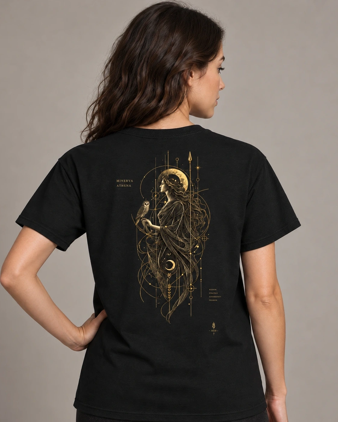 Minerva Goldline Tee - Black, digital wearing preview