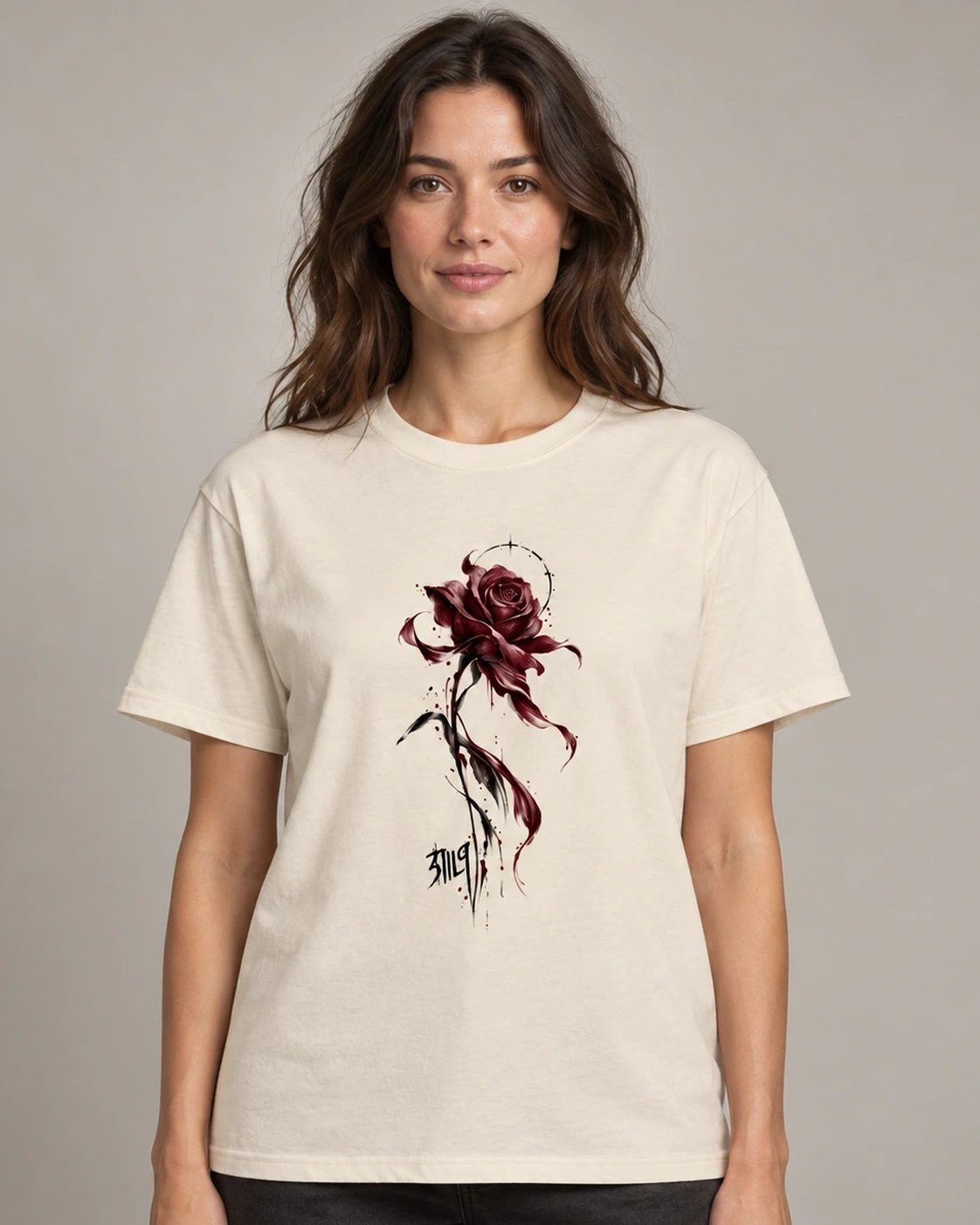 Rose Static Tee — Natural, digital wearing preview