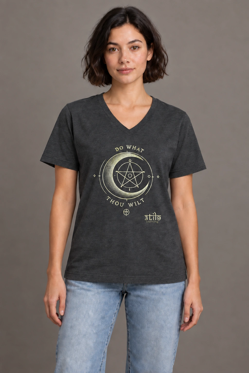 Will of Crescent V-Neck Tee — Dark Grey Heather, wearing preview