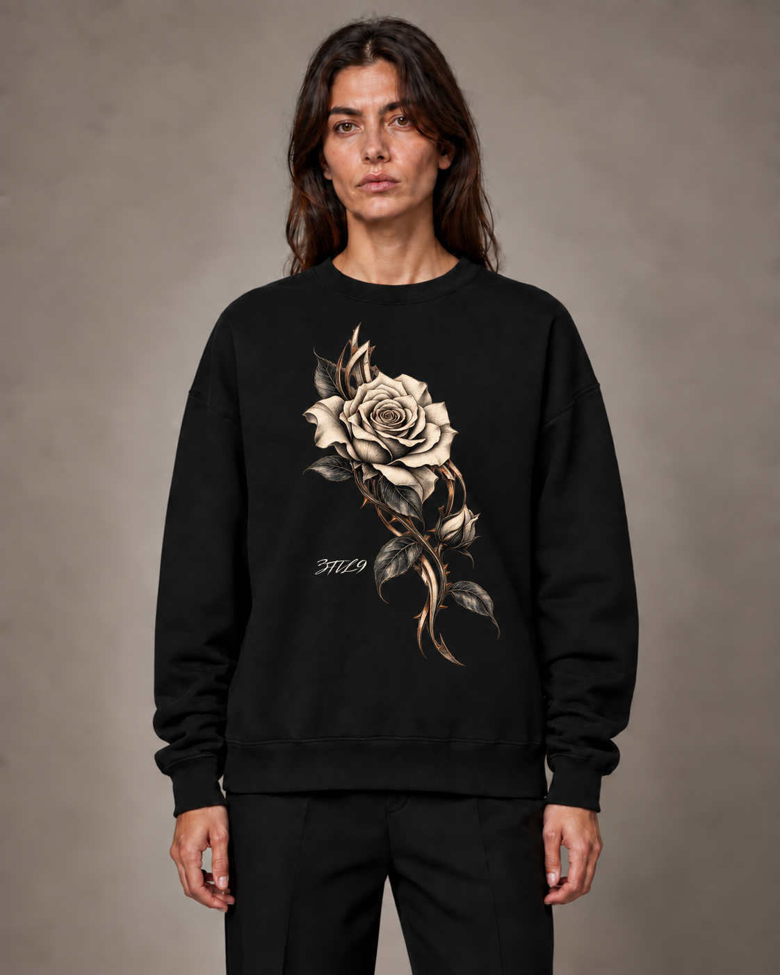 Rosebound Monarch - sculptural rose and ivory 3TIL9 signature on the Black oversized sweatshirt; digital wearing illustration.