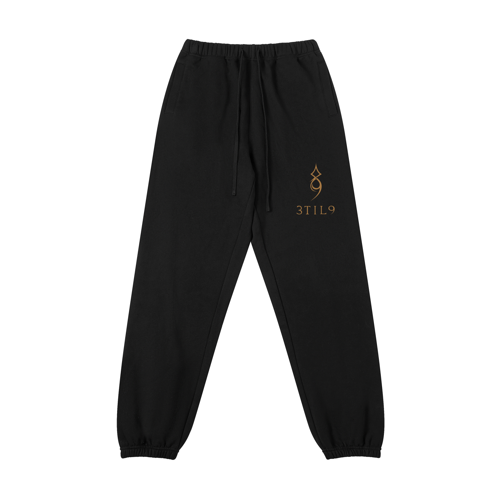 Sigil Track in Black: selected tapered cotton joggers with original artwork; digital placement illustration