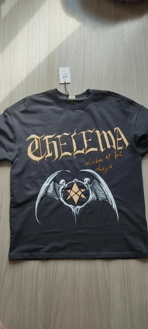 Thelema lettering and mirrored wings painted by brush on a black T-shirt.